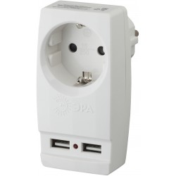 Разветвитель сетевой ЭРА SP-1e-USB-W 1 роз. 16А + 2 USB 2000mA белый, земля