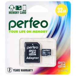 Флеш карта MicroSDHC 32GB PERFEO Class10 с адаптером