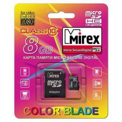 Флеш карта MicroSDHC 8GB MIREX Class10 с адаптером